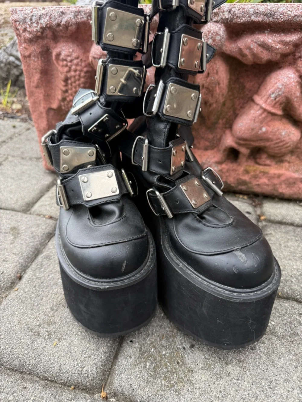 Black Platform Studded Buckle Boots - Women